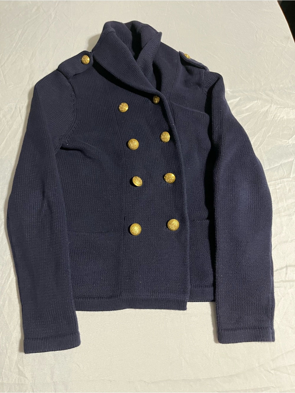Ralph Lauren Navy Double-Breasted Knit Sweater with Gold Buttons Size Small